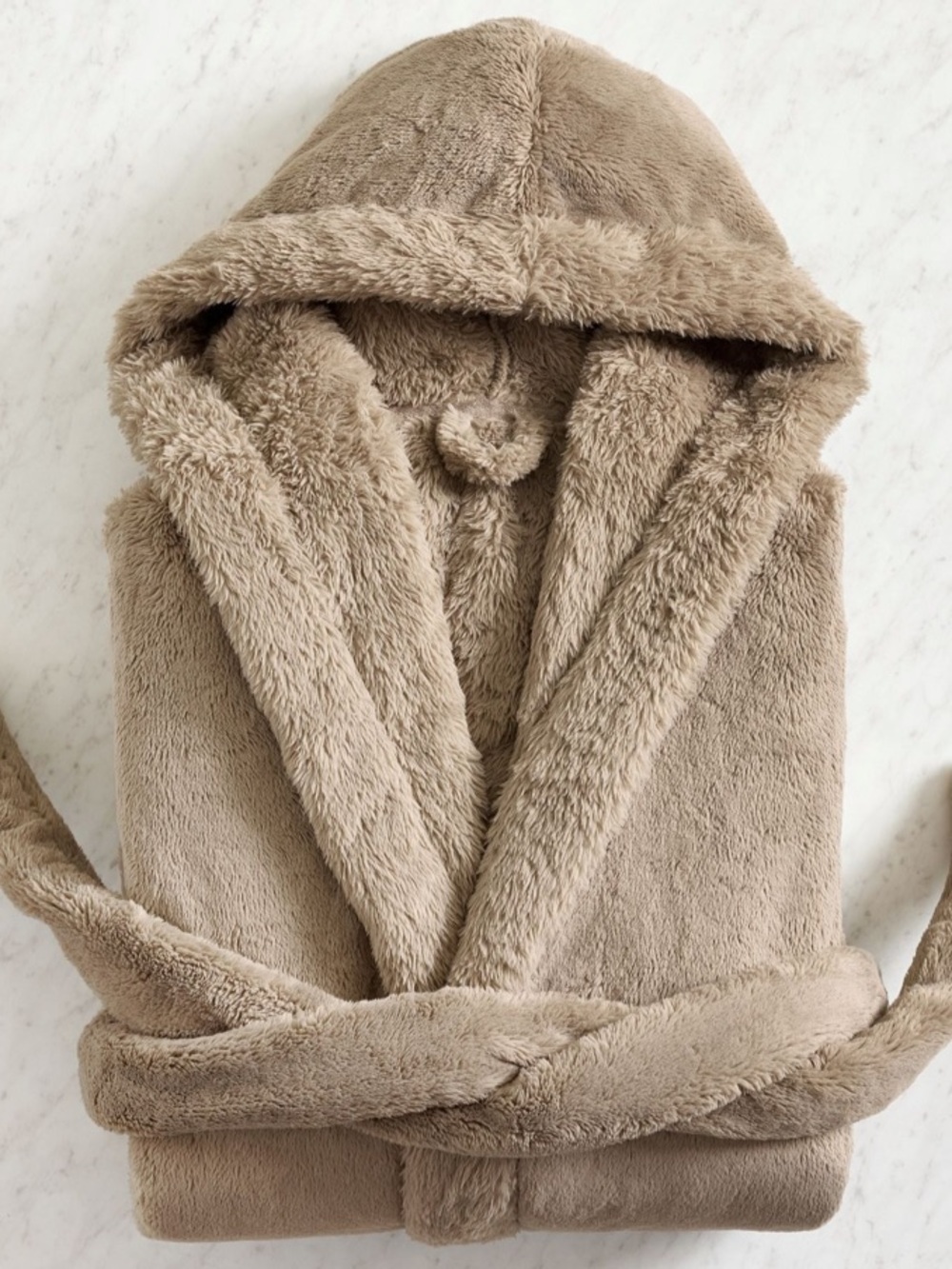 Pottery Barn L Women's Plush Hooded Robe with Belt Mocha New no tag